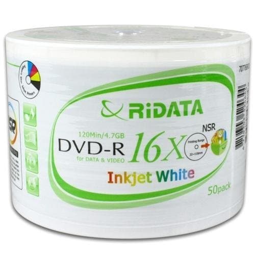 50 Ritek Ridata 16X DVD-R 4.7GB White Inkjet Hub Printable