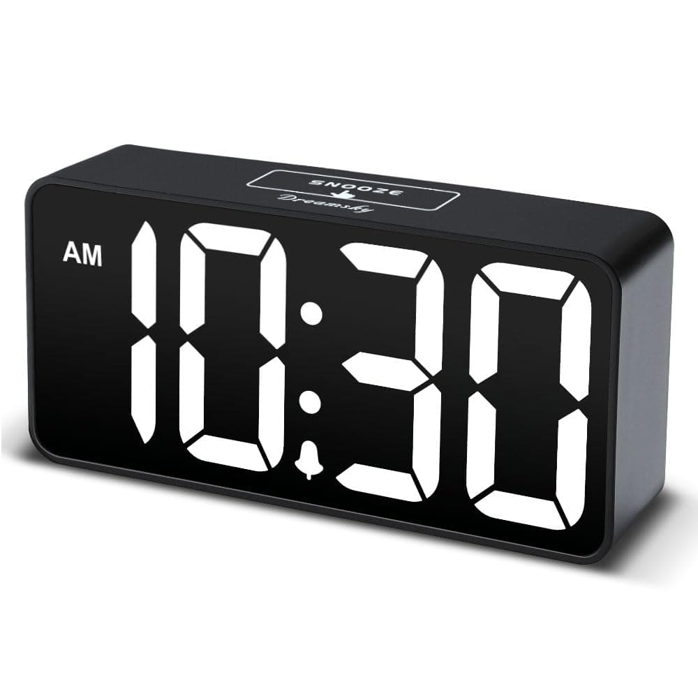 DreamSky Compact Digital Alarm Clock with USB Port for Charging, Adjustable Brightness Dimmer, Bold Digit Display,12/24Hr, Snooze (White)