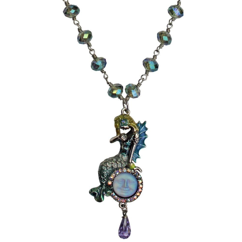 Dreamy Mermaid Seaview Moon Pendant Necklace silvertone
