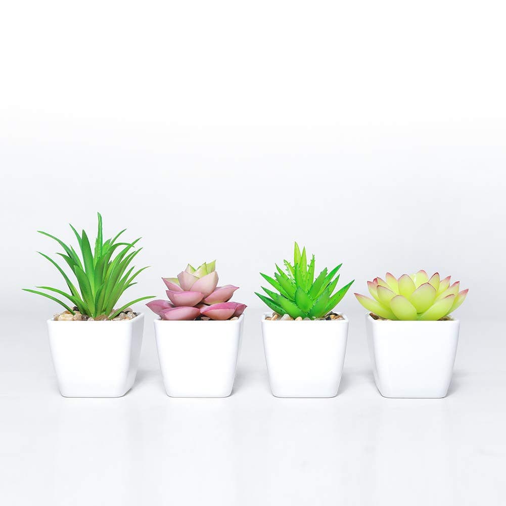 DuHouse Fake Succulents Plants Artificial Potted Faux Plant in Mini Square White Pots for Home Office Bathroom Desk Shelf Decor Set of 4(Green)