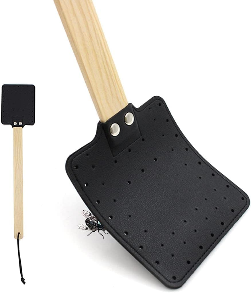 Leather Fly Swatter, Fly Swat Heavy Duty Insect Mosquito Wasp Pest Control Rustic Design, with Long Wooden Handle