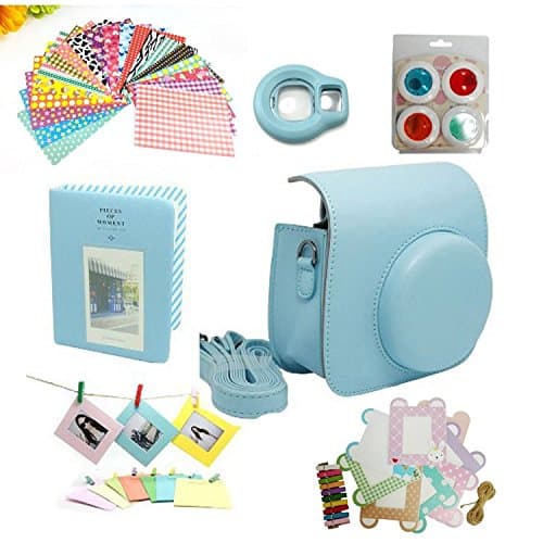 7 Piece Camera Bundle For Fujifilm Instax Mini 8 Instant Film Cameras,Mini 8 Case, Album,Selfie Lens,Colored Filters, Wall Hang Frames,film Frame, Film Stickers(Blue)