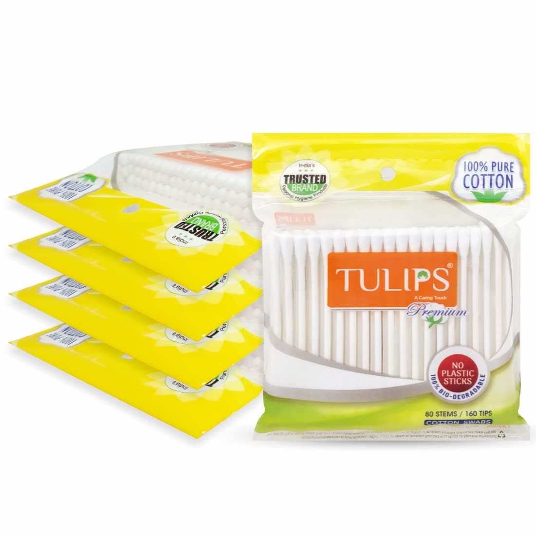 TULIPS Premium Cotton Ear Buds/Swabs (Pack of 5) with white PAPER Sticks, 80/160 Tips