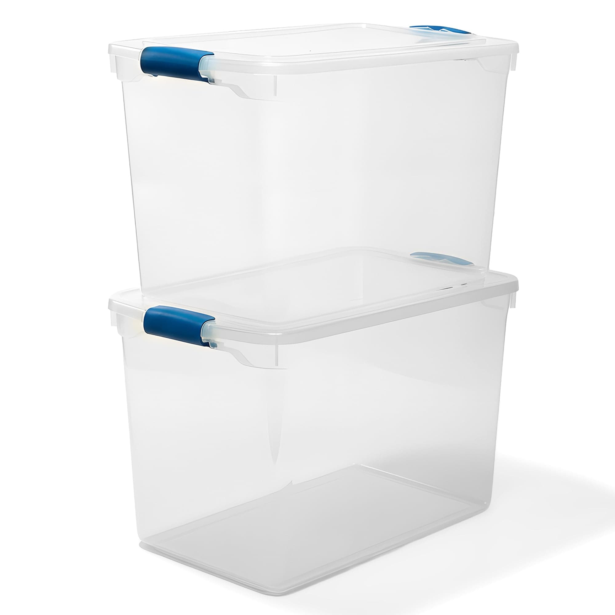 HOMZ 2-Pack Latching Lid, Clear Plastic Storage Organizer Bins, 112 Quart, Blue Latch - Stackable Organizing Containers for Home, Garage, and Office