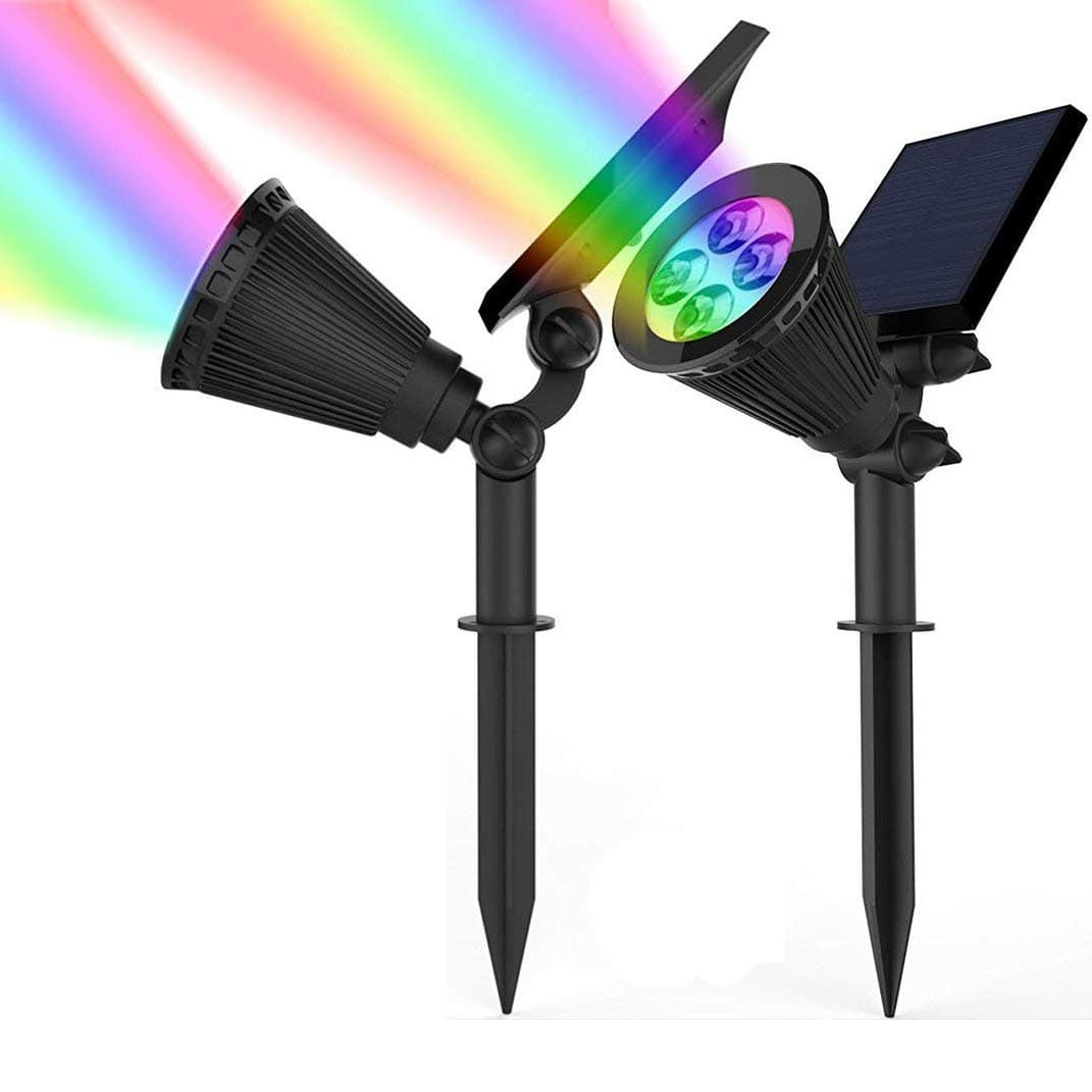 Magictec Solar Spotlights, 2-in-1 Adjustable 4 LED Wall/Landscape Solar Lights with Automatic On/Off Sensor, 2 Pack (RGB)