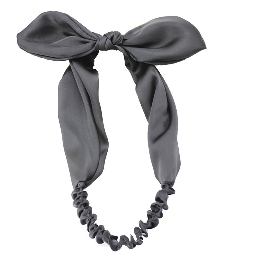 Kissing U Women Girls Silk Satin Bowknot Headbands Head Wrap Elastic Wire Headband Bow Style Twisted Hair Band (Rabbit ears black)