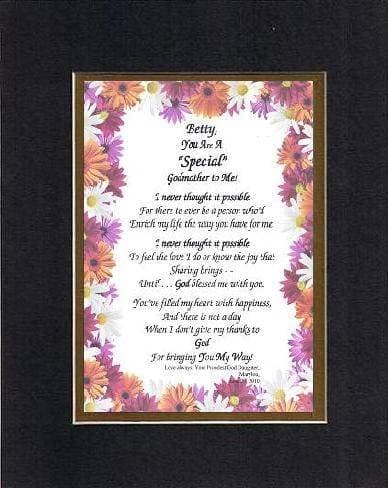 Personalized Poem for Godmothers - [Betty,] You Are a Special Godmother to Me! Poem on 11 x 14 inches Double Beveled Matting (Black on Gold)