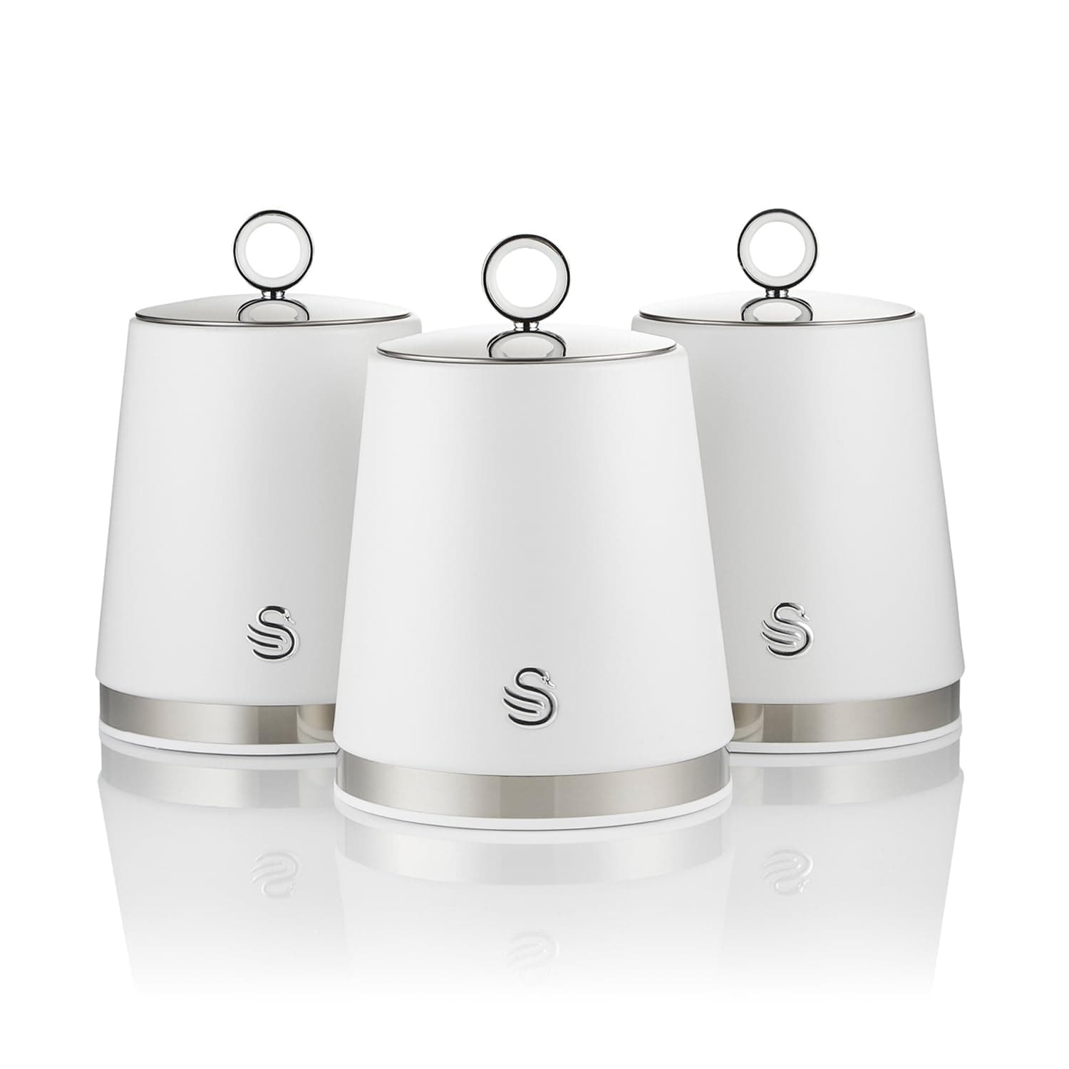 SWKA18536WHT Serenity Set of 3 Kitchen Storage Canisters for Tea, Coffee, and Sugar with Smooth Matt Finish and Stainless Steel Accents, 1.3L, White