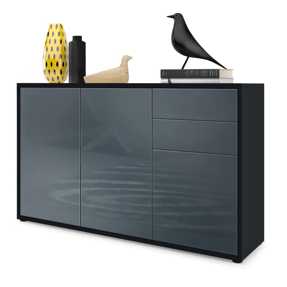 Vladon Ben V3 Sideboard, Cabinet with 3 Doors and 2 Drawers, Black matt/Grey High Gloss (117 x 74 x 36 cm)