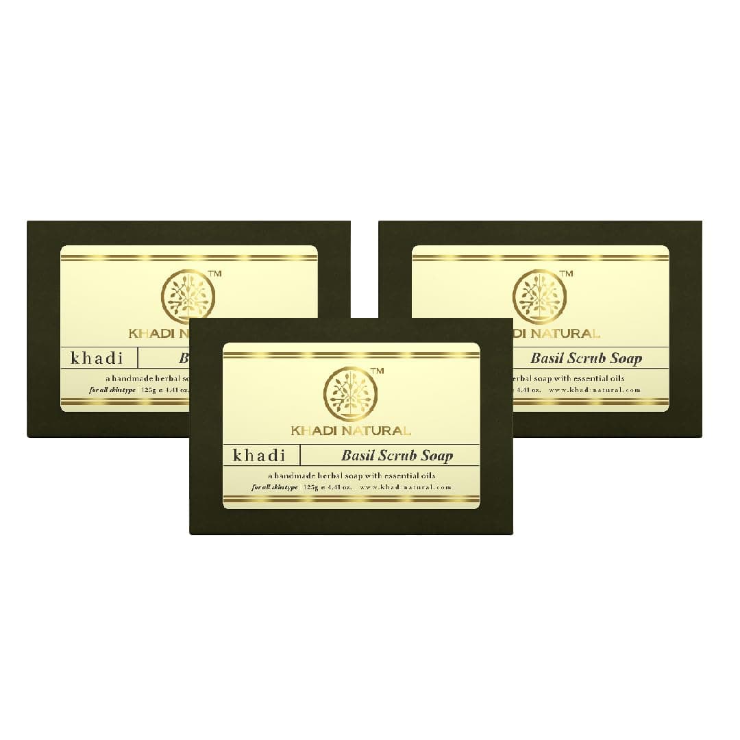 Basil Scrub Herbal Soap For Skin Rejuvenation | Herbal Soap With Essential Oil | Handmade Bathing Soap| Suitable for all skin types| Pack of 3 (125gm*3) (375gm)