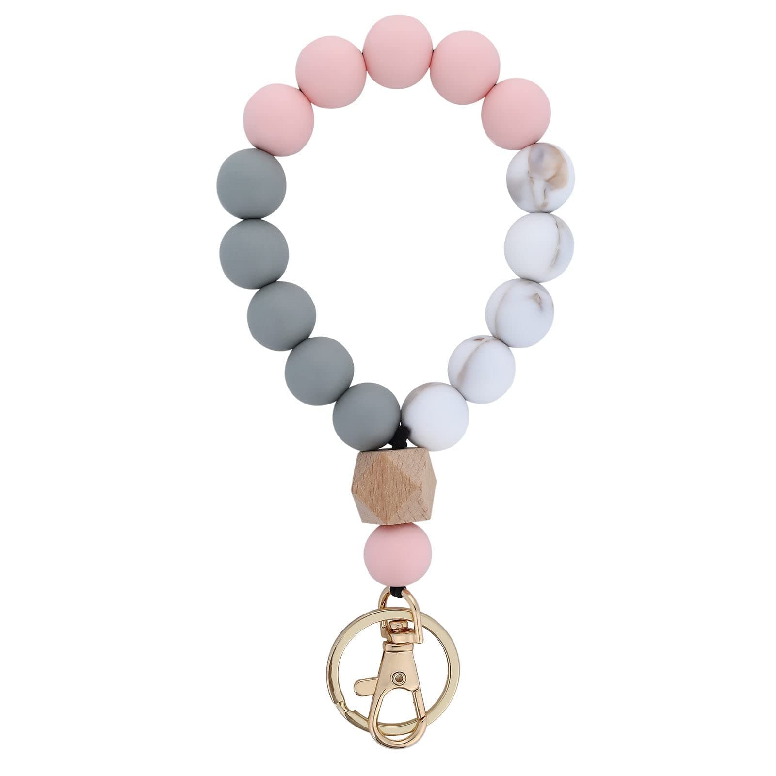 Silicone Key Ring Bracelet, Women Beaded Bangle Keychain Wristlet for Women Elastic Wristlet Keychain House Car Key Ring Holders, Lilac Purple, Pink