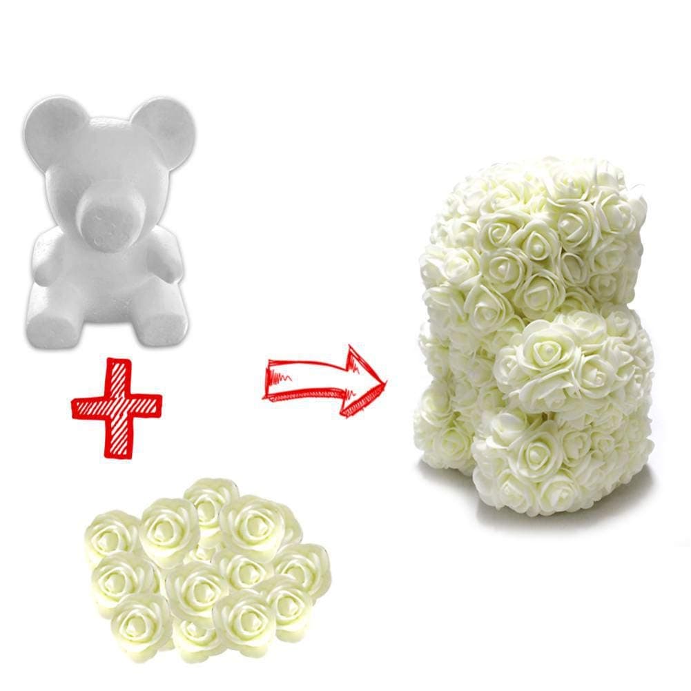 Mrinb DIY Rose Bear Kit White 3D Foam Bear flower bear Modeling 200Pcs Mini PE Foam Artificial Rose Flower and Glue Gun