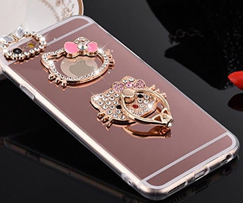 for iPhone iPhone 6 Plus / 6S Plus, Hello Kitty Mirror Luxury Fancy Bling Crystal Rhinestone Diamond Case Hard Cover with Diamond Ring Stand ~ Estuche Funda Cobertores (Pink with Hello Kitty Ring)