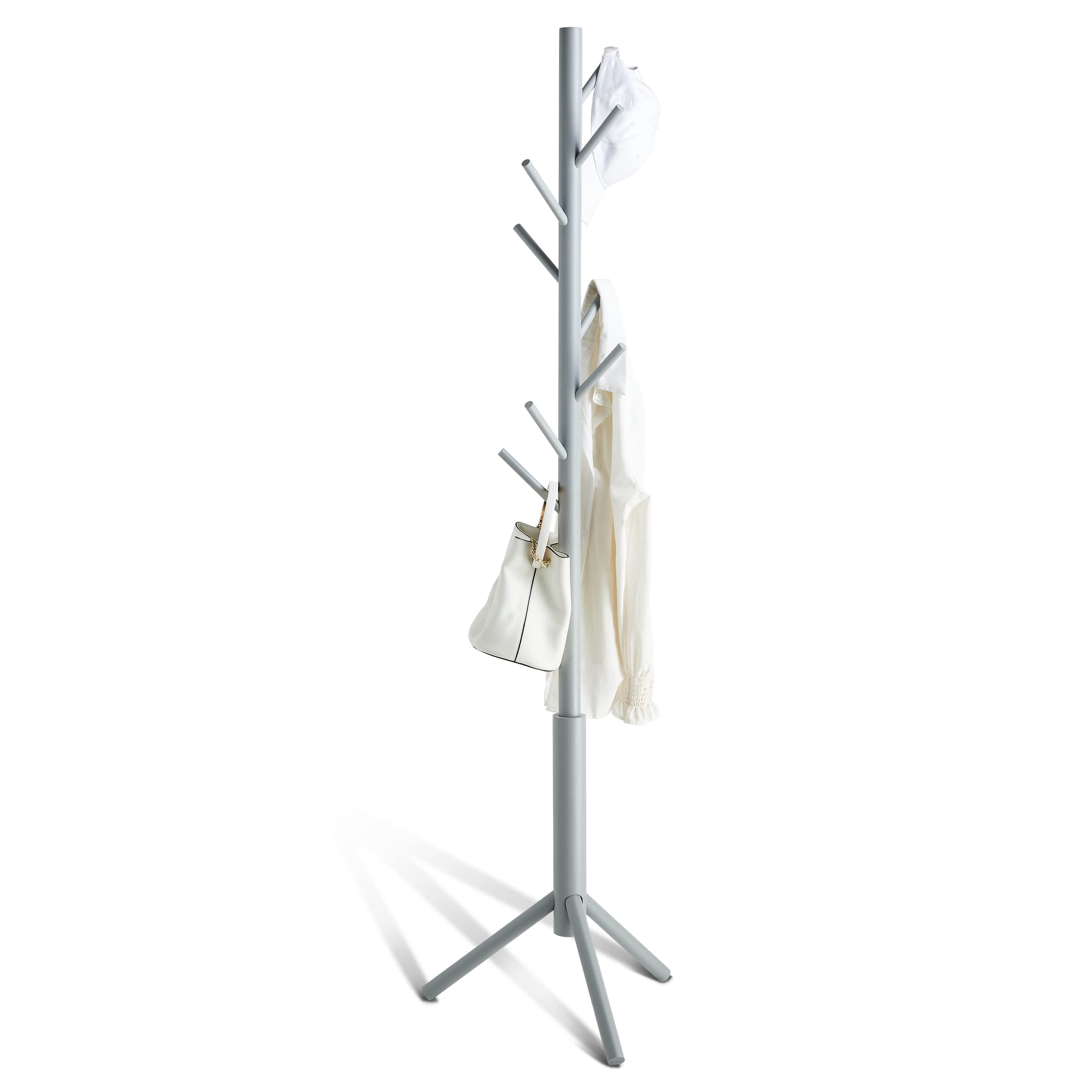 BMOSUCoat Rack freestanding Stand Bamboo Wooden Coat Tree 8 Hooks 3 Adjustable Standing Jackets Hanger Hallway Corner Parlor(Gray)