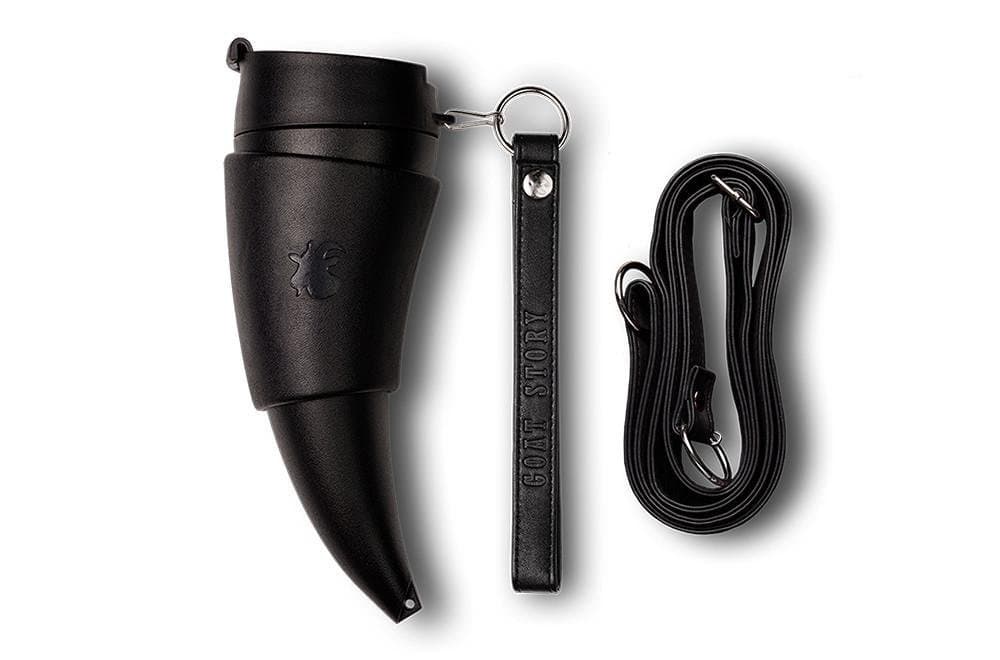 Goat Story special horn-shaped Insulated Coffee Mug with holder and straps, Black Faux Leather 470 ml