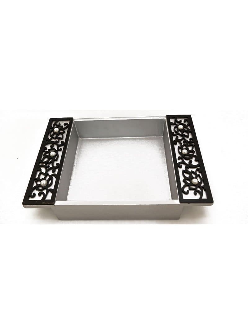 Funktionz Laser Cut Wooden Gift & Packaging Mithai and Dry Fruit Tray Set (Silver Tray & Black Laser Cut Embellishment)