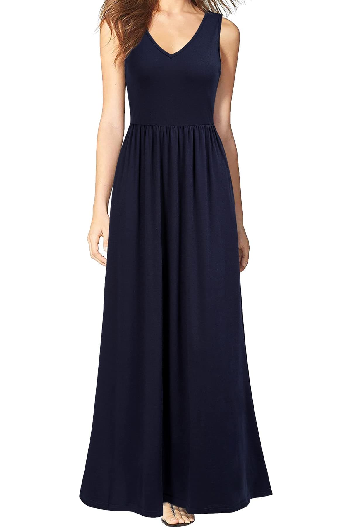 WOOSEA Women Sleeveless V Neck Pocket Loose Long Dress Maxi Casual Dresses