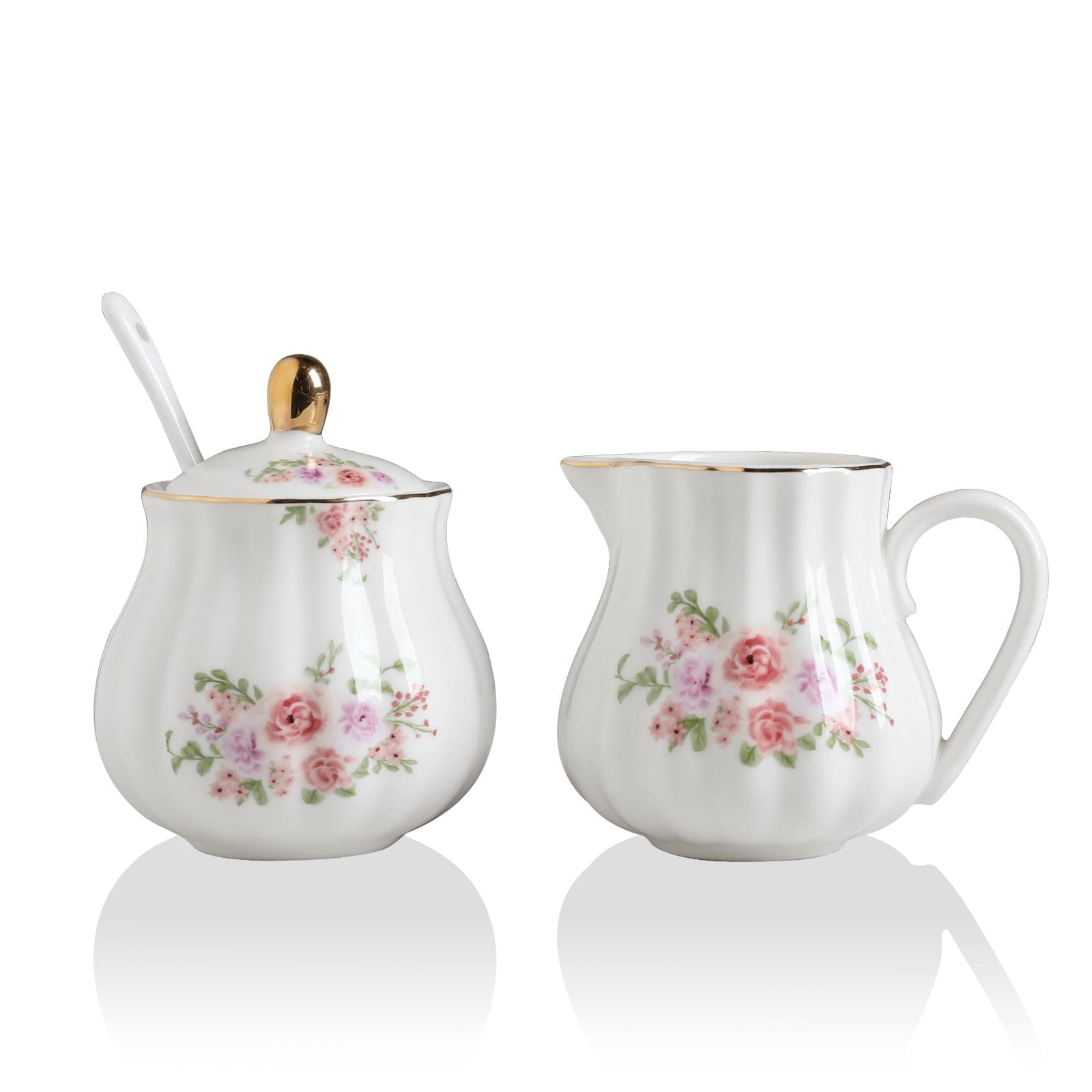 Royal Ceramic Sugar and Creamer Set, 3 Piece Set with Cream Pitcher, Sugar Bowl, Sugar Set with Lid & Spoon, Coffee Serving Set Wedding Gift (Sugar and Creamer Set, Rose Flower)