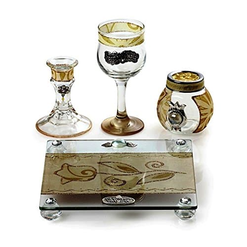 Havdalah Set For Braided Candle + Spice Box Holder - Lily Art HAVDALAH SET WITH TRAY GREEN OLIVE FLOWER (Bundle)