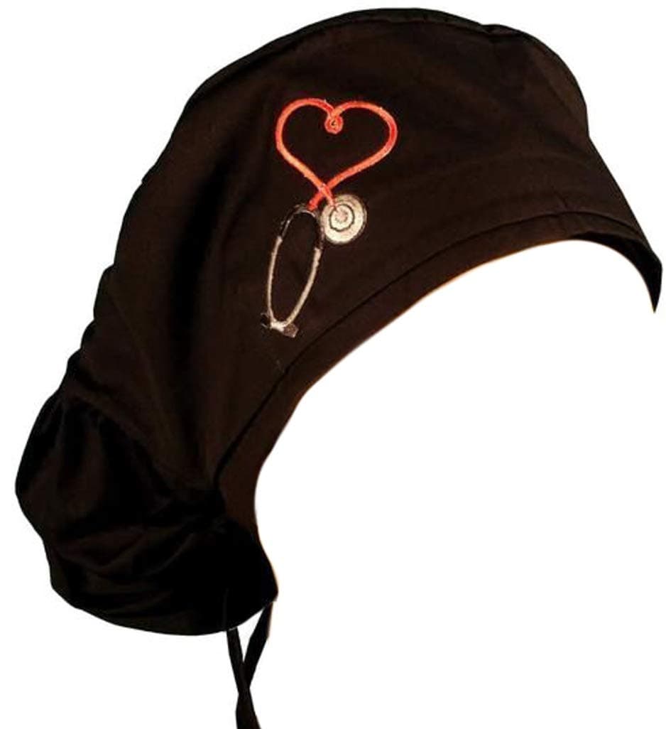 Big Hair Women's Medical Scrub Surgical Cap - Heart Stethoscope Patch On Black