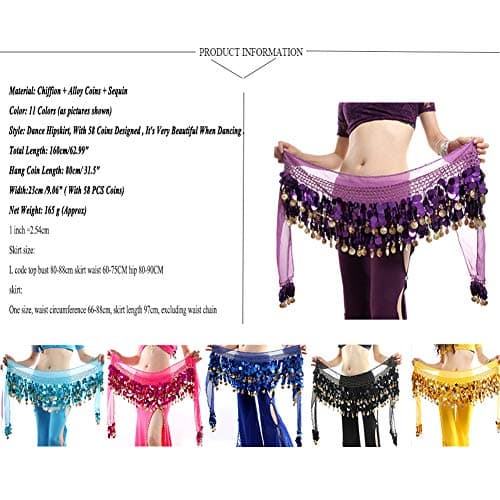 Belly Dance Hip Scarf, Sweet Belly Dance Skirt Wrap Performance Bling Sequins Coins, Belly Dancer Costumes for Women