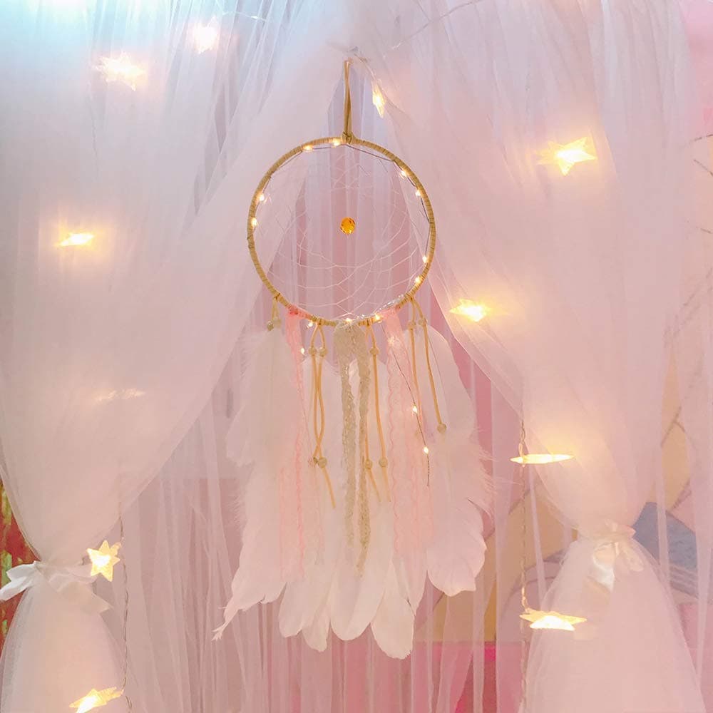 led Dream Catcher Light Boho Dreamcatcher Lights for Bedroom Handmade Bohemia Wedding Art Wall Hanging Small Night Light For Kids Baby Girls Feathers Décor Cute Home Ornament Native American White #3