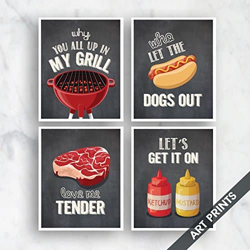 MY Grill, Dogs Out, Tender, Get it On (Funny Kitchen Song Series) Set of 4 5x7 inch Unframed Art Prints (Featured color Vintage Chalkboard) Kitchen Art