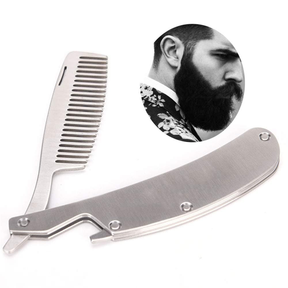 Folding Beard Comb Stainless Steel Multifunction Bottle Opener Pocket Comb with Anti-Static for Grooming & Combing Hair, Beards and Mustaches