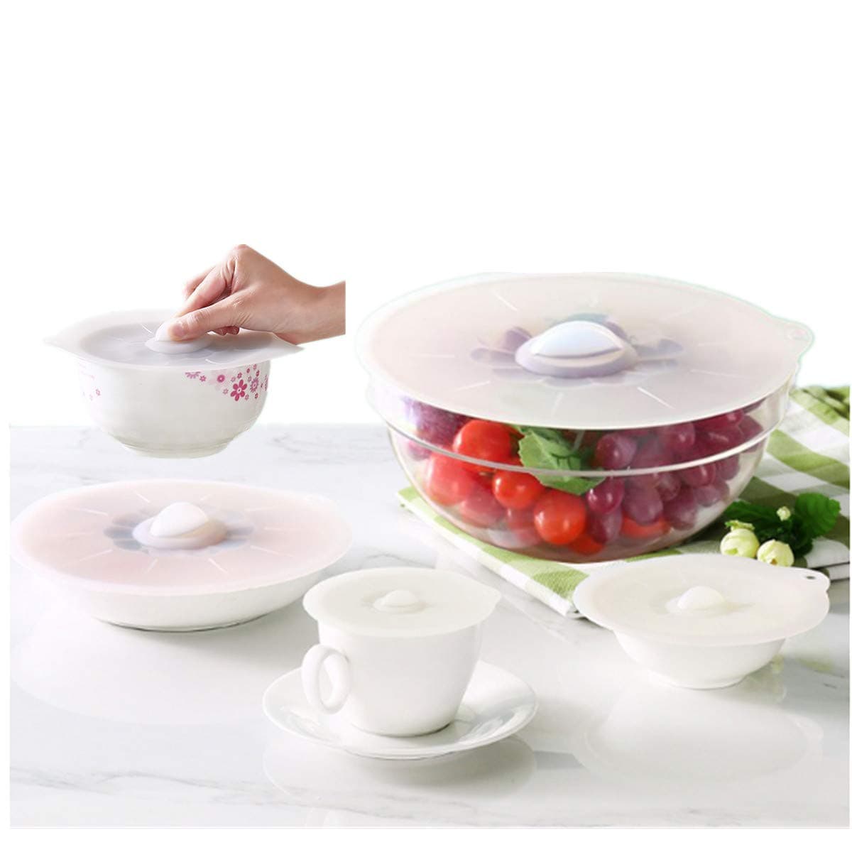 Silicone Microwave Food Covers - 4, 6, 8, 10, 12 inch Reusable Suction Seal Covers Silicone Lids for Bowls, Pots, Cups, Food Safe - Dishwasher Safe