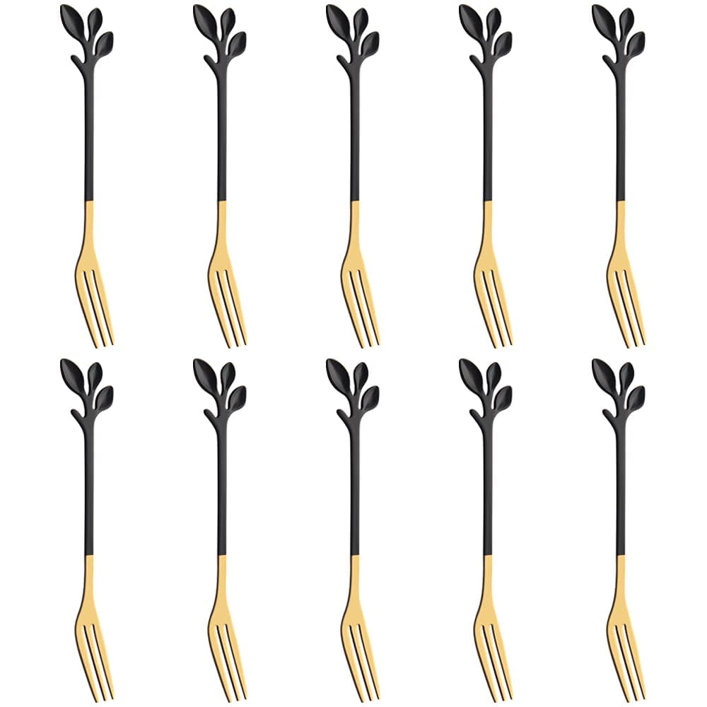 AnSaw 10-Piece Black & Gold Small Leaf Appetizer Forks Set - 4.7" Elegant Stainless Steel Fruit, Dessert, Cake & Salad Forks - Perfect for Cocktail Parties & Home Use