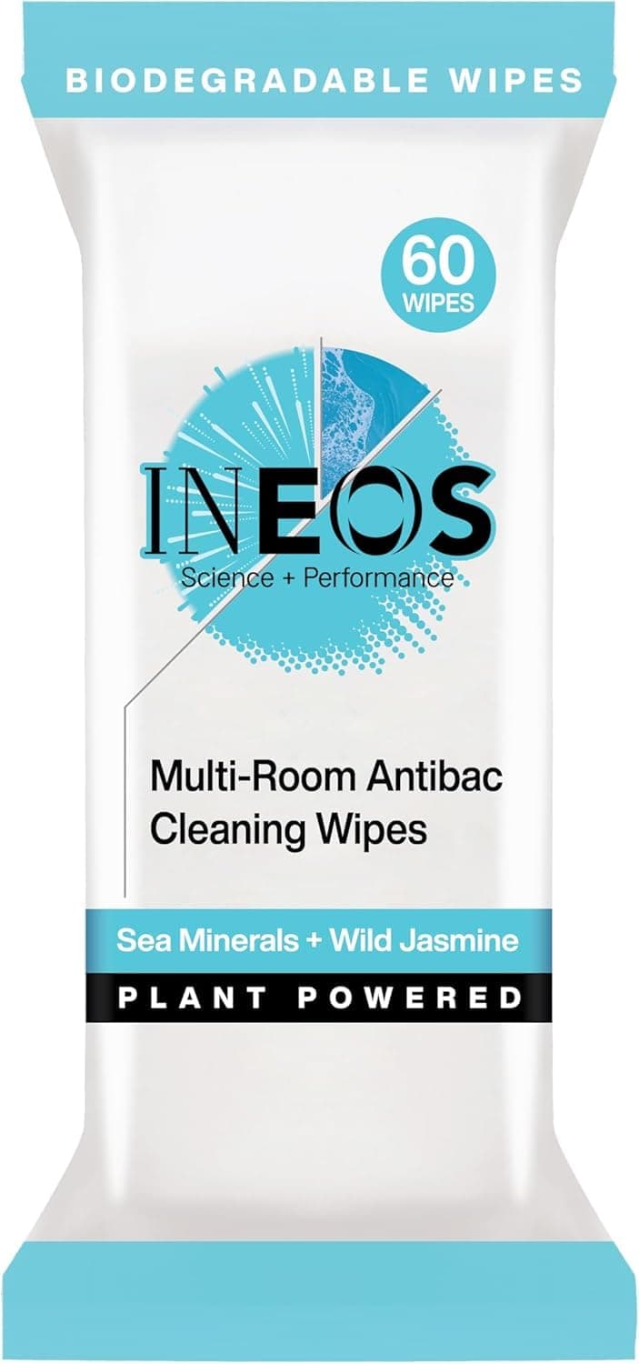 INEOS Next-Gen Antibac Multi-Room Disinfectant Biodegradable 60 Wipes, Sea Minerals + Wild Jasmine, Kills 99.9% of Bacteria + Viruses, Plant Powered, Packaging May Vary