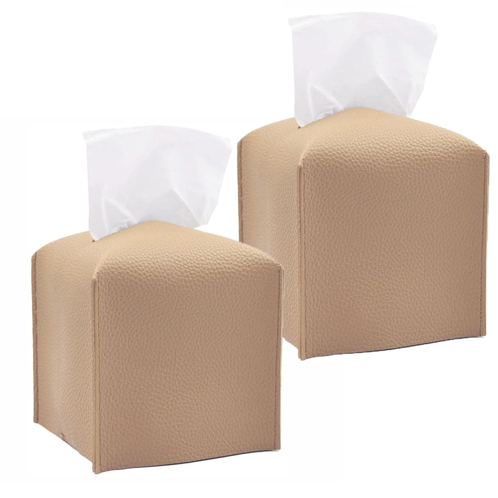 HOMOTEK 2 Pack Tissue Box Cover, Square PU Leather Tissue Holder, Decorative Facial Tissue Cube Paper Organizer Dispenser for Bathroom, Night Stands, Desk, Car 5X5X5'' - Beige, Pebble Grain