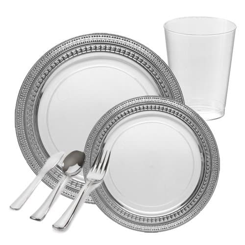 | Symphony Clear and Silver Wedding Package for 20 | Includes Dinner & Dessert Plates, Plastic Tumblers & Cutlery | 120 Piece Total
