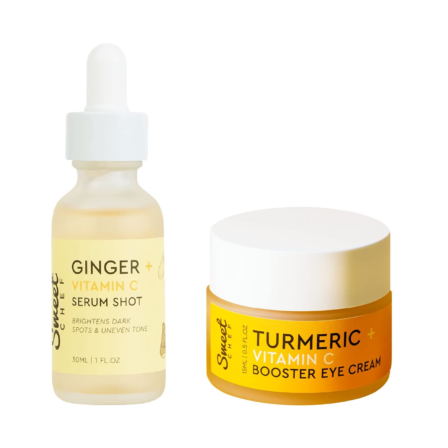 Sweet Chef Natural Glow Duo - Ginger + Vitamin C Serum Shot - Brightening + Antioxidant-Rich (30ml / 1 fl oz) & Turmeric + Vitamin C Eye Cream - Hydrating Gel-Cream with Probiotics (15ml / 0.5 oz)