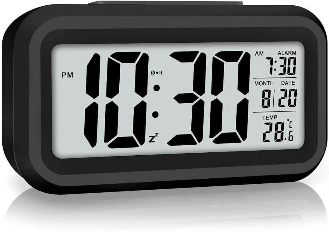 AERYS Digital Alarm Clock with Automatic Sensor, Date and Temperature Display, Compact Desk Table Clock for Students, Home, Office, Bedroom, Living Room,Home Decor, Corporate Use (Black Digital)