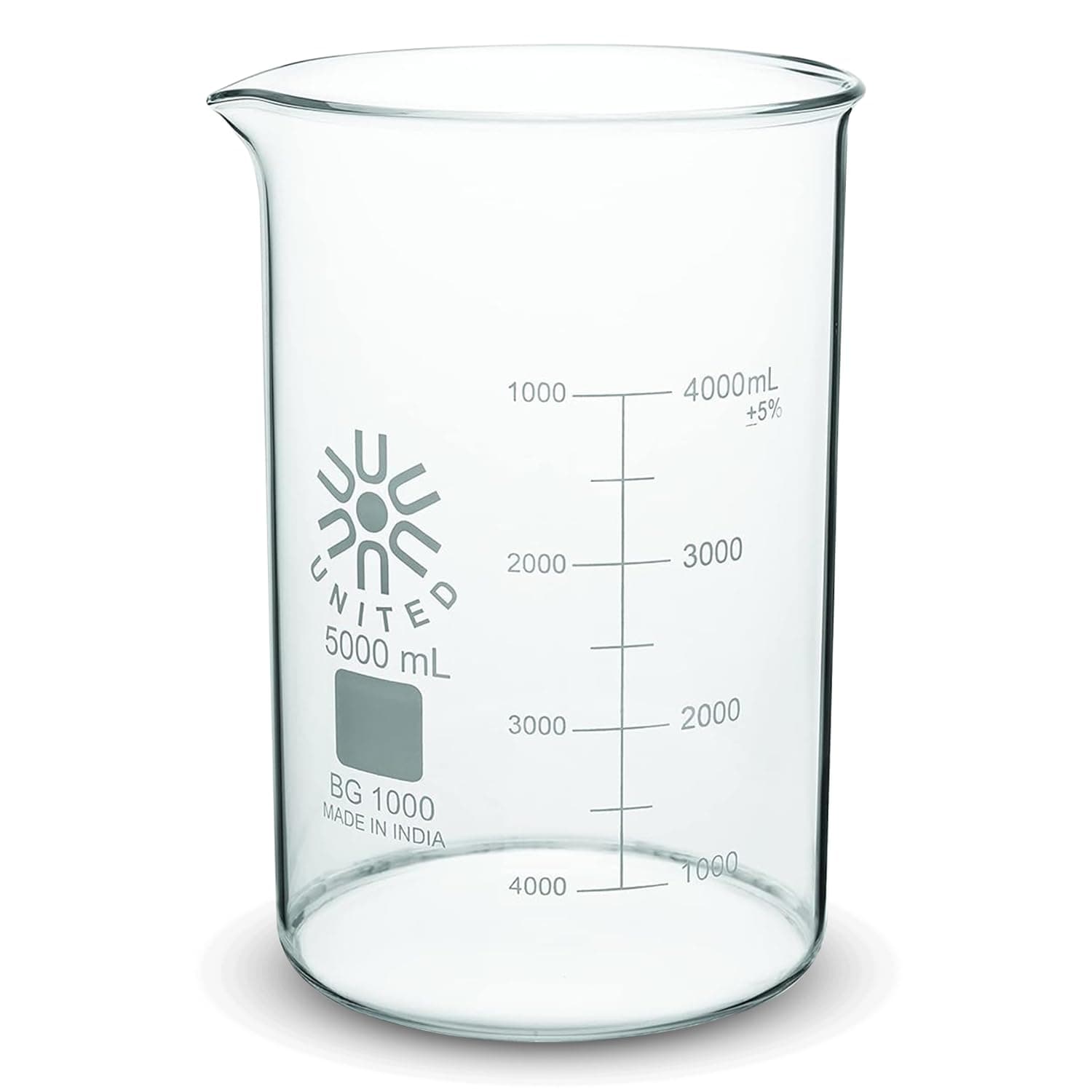 United Scientific™(5L) 5000mL Beaker - Low Form Griffin, 3.3 Borosilicate Glass Beaker, Double Scale Graduated Chemistry Glassware, Pour Spout, Beaded Rim & Autoclavable Laboratory Glassware, 1 Each
