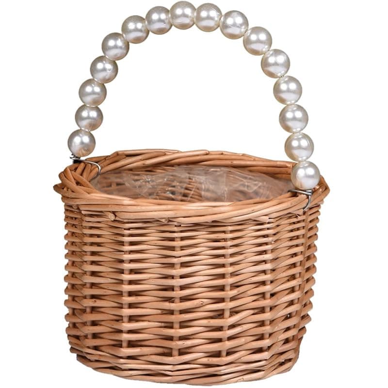Wicker Rattan Flower Girl Basket,Pearl Handle Flower Basket,Flower Girl Basket for Wedding and Home Decorations.