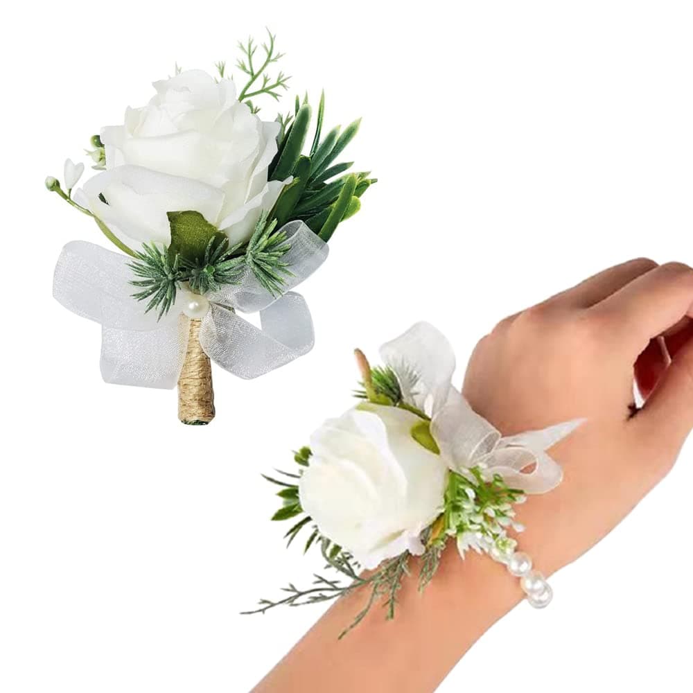 Rose Corsage and Boutonniere Set, 2PCS Handmade Artificial Flower Bride Wrist Corsage Wristlet Bracelets Wristband Men Boutonniere for Wedding Prom Suit Decorations (A-1 Boutonniere & 1 Wrist Corsage)