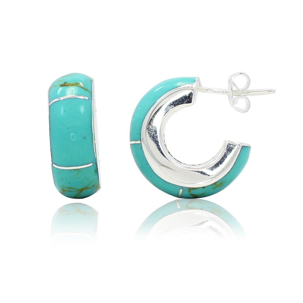 LOW PRICE!!! Genuine Sterling SLVR 9255 Green Howlite Turquoise Gemstone Half Hoop earngs in
