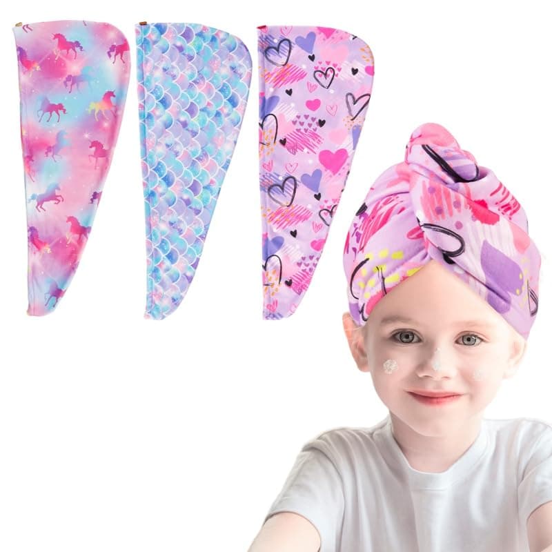 3 Pack Kids Hair Wrap Towel, Microfibre Hair Towel, Hair Towel Turban, Hair Towel Wrap, Unicorn Mermaid Heart Pattern Microfibre Hair Towels Rapid Drying Hair Towel Turban for Girls Women