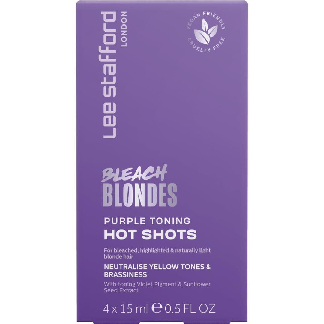 Lee Stafford Purple Toning Hair Treatments | Bleach Blondes Hot Shots - Violet Shampoo Power Dose Treatments, Neutralizes Brassy & Yellow, Great for Color Treated, Silver, & Grey, 4 x 15ml Doses