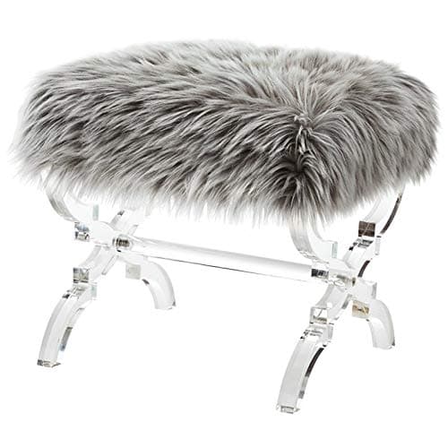 Posh Living Brayden Modern Faux Fur Fabric Ottoman with Acrylic X-Legs in Gray