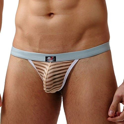 Rise World Men's Striped Mesh G-String Thongs Skin Color Size L