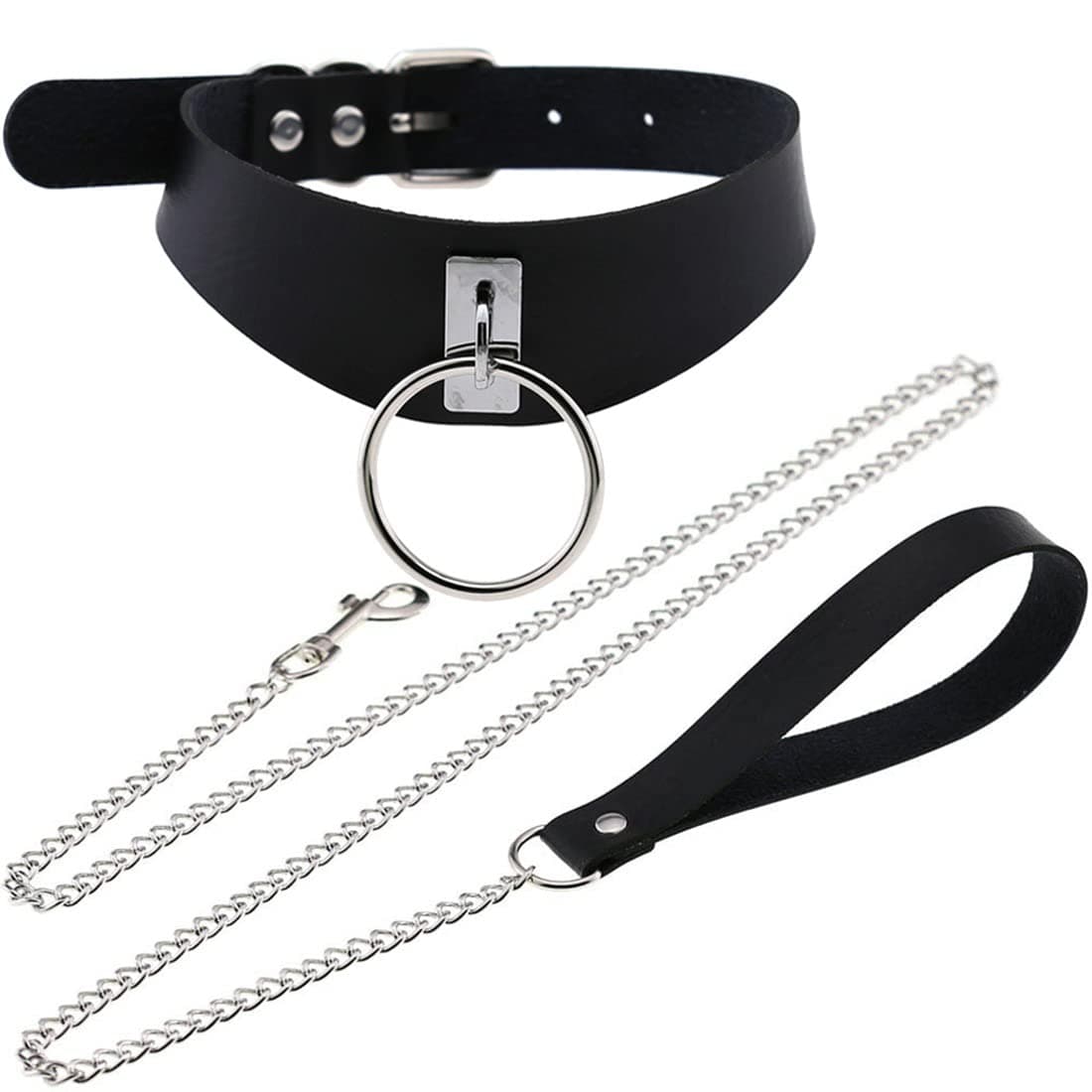 Punk Hauling Chain PU Leather Collar Metal Ring Choker Gothic Necklace NightClub Goth Leash Belts Adjustable Size