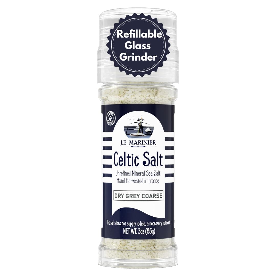 French Sea Salt Dry Grey Coarse, 3oz Refillable Glass Grinder. Mineral Rich 100% Natural and Unrefined. Coarse Sea Salt Organic. Hand Harvested Mineral Salt (3oz)