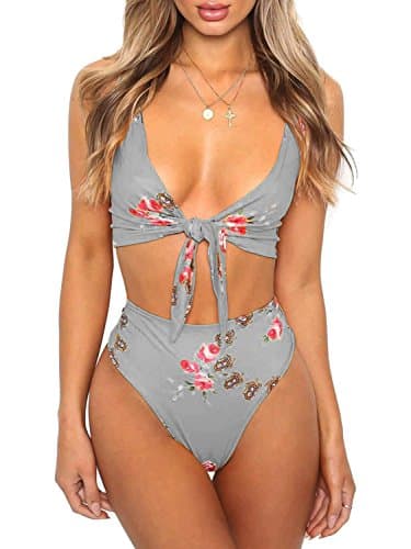 BIKINX Women's High Waisted Swimsuit Tie Knot Front Floral Bikini Bathing Suit Grey