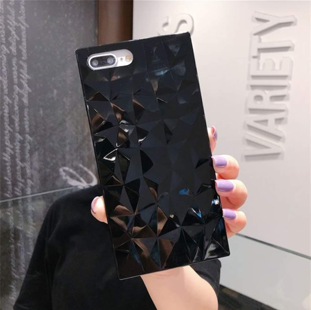 Square Case Compatible iPhone 7 Plus iPhone 8 Plus Case 3D Diamond Pattern Cute Candy Color Shockproof Protective Slim-fit Solid Color Flexible Soft TPU Case Cover for iPhone 7 Plus/8 Plus (Black)