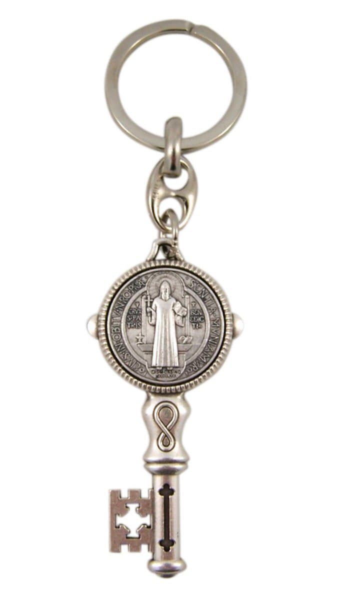 Saint St Benedict Jubilee Medal Key Shaped Pendant Keychain, 4 1/4 Inch