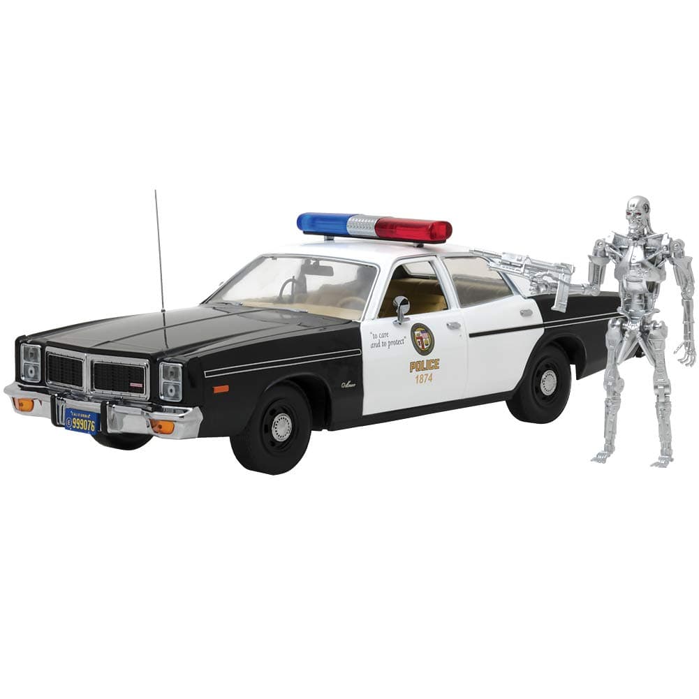 1977 Dodge Monaco Metropolitan Police with T-800 Endoskeleton Figure The Terminator (1984) Movie 1/18 Diecast Model Car by Greenlight 19042