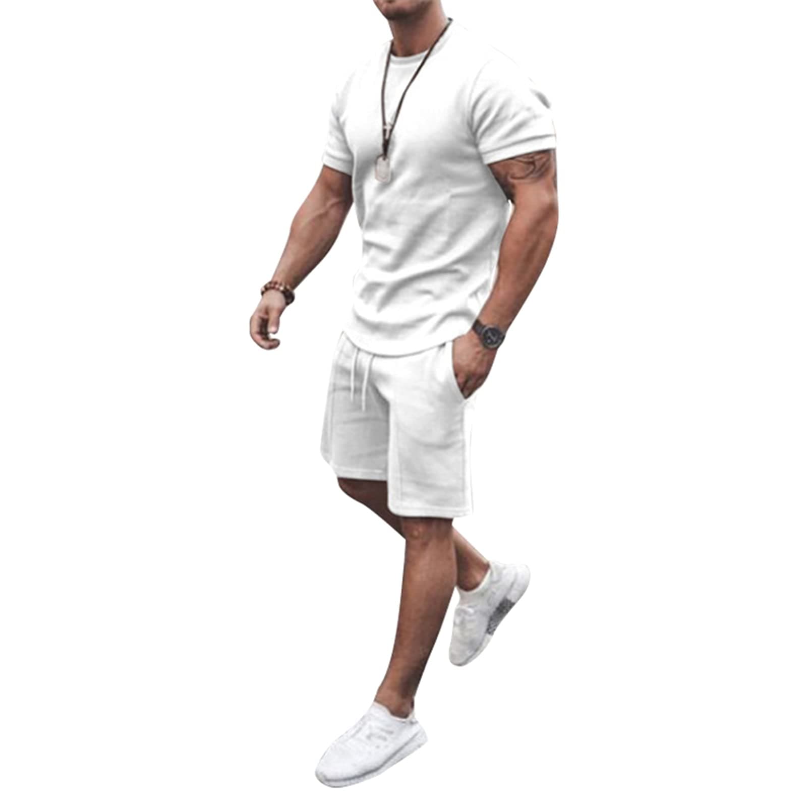 Men Sports Suit Outfits-2 Piece Tracksuit Casual Solid Color T-Shirt and Pants Sweatsuit Set White